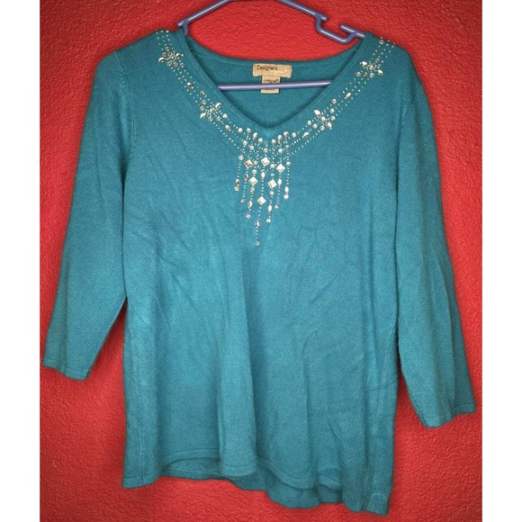 Designers Lovely 3/4 Sleeve Embellished Teal Knit Top Sweater - Picture 1 of 1